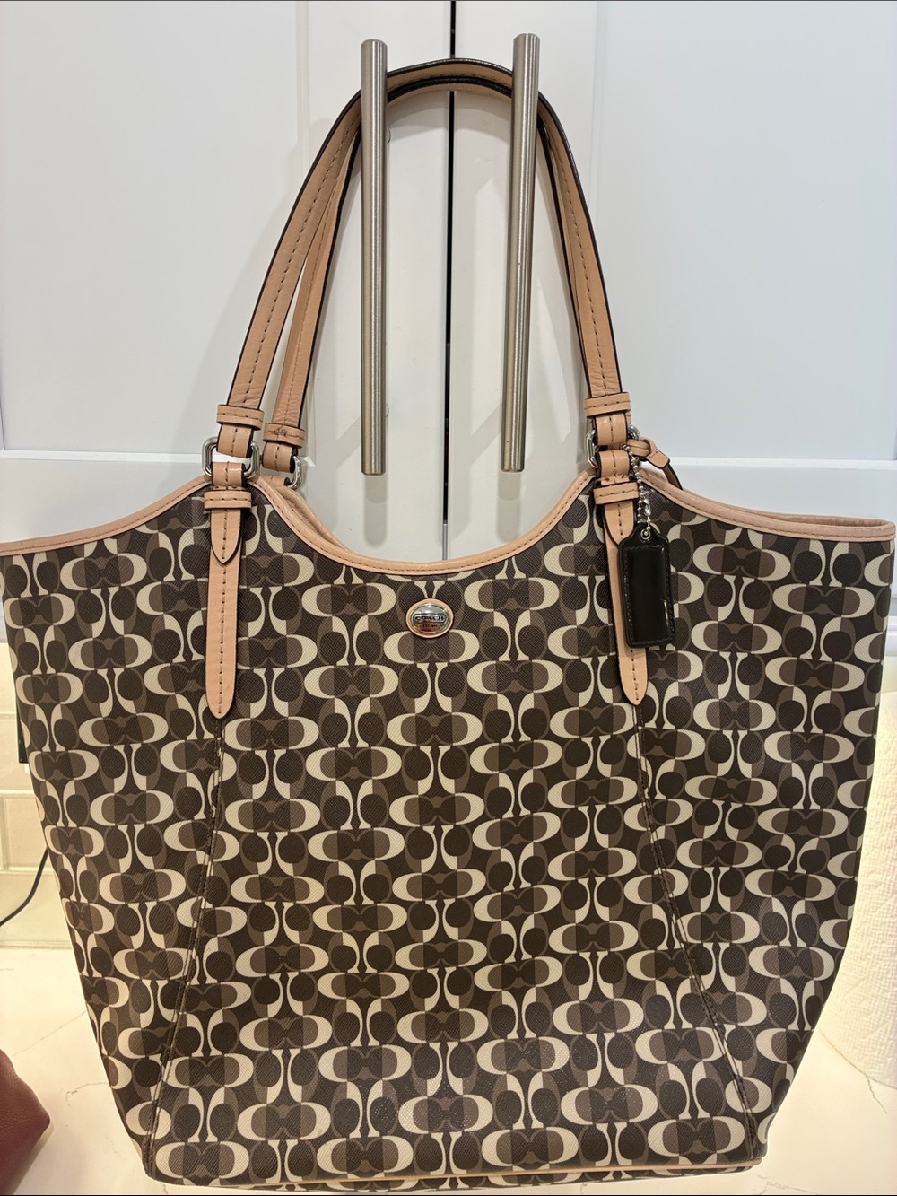 Coach Signature Brown Canvas Tote with Tan Leather Trim